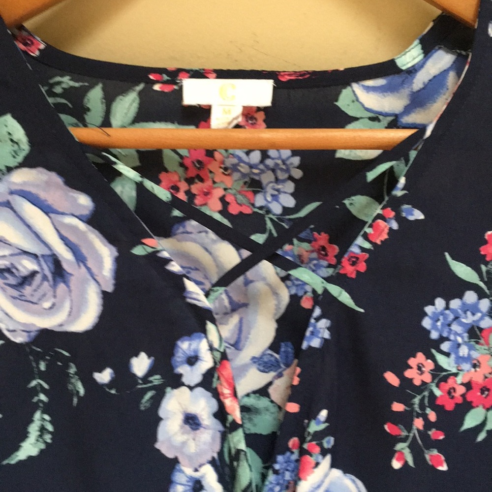 Navy Floral Faux Wrap Bell Sleeve Blouse Size M - Picture 2 of 6